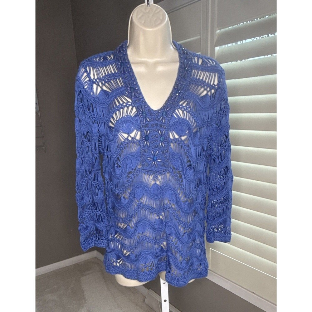 Chico’s Cobalt Blue Crochet Open Knit V Neck Tunic Sweater Size 0 Beaded